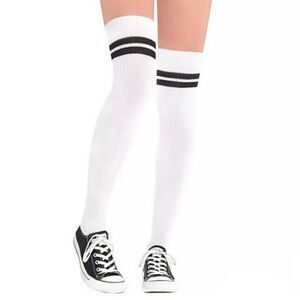 White and black Over Calf / Knee High socks with 2 stripes Activewear Socks